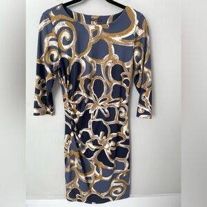 J. McLaughlin Ruched Catalina Abstract Print 3/4 Sleeve Dress Size Small Blue 10